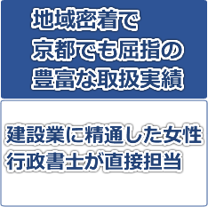 地域密着で京都でも屈指の豊富な取り扱い実績。建設業に精通した女性行政書士が直接担当