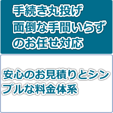 手続き丸投げ！　面倒な手間いらずのお任せ対応。安心のお見積りとシンプルな料金体系